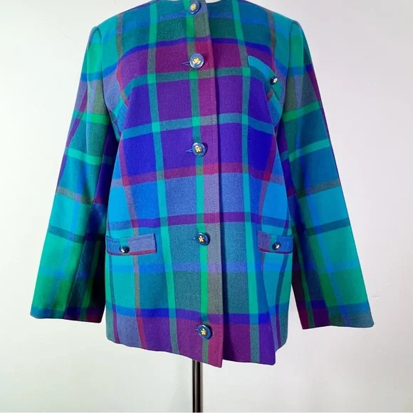Vintage Avoca Made in Ireland Purple & Green Checked Wool Jacket Size S - Picture 2 of 11